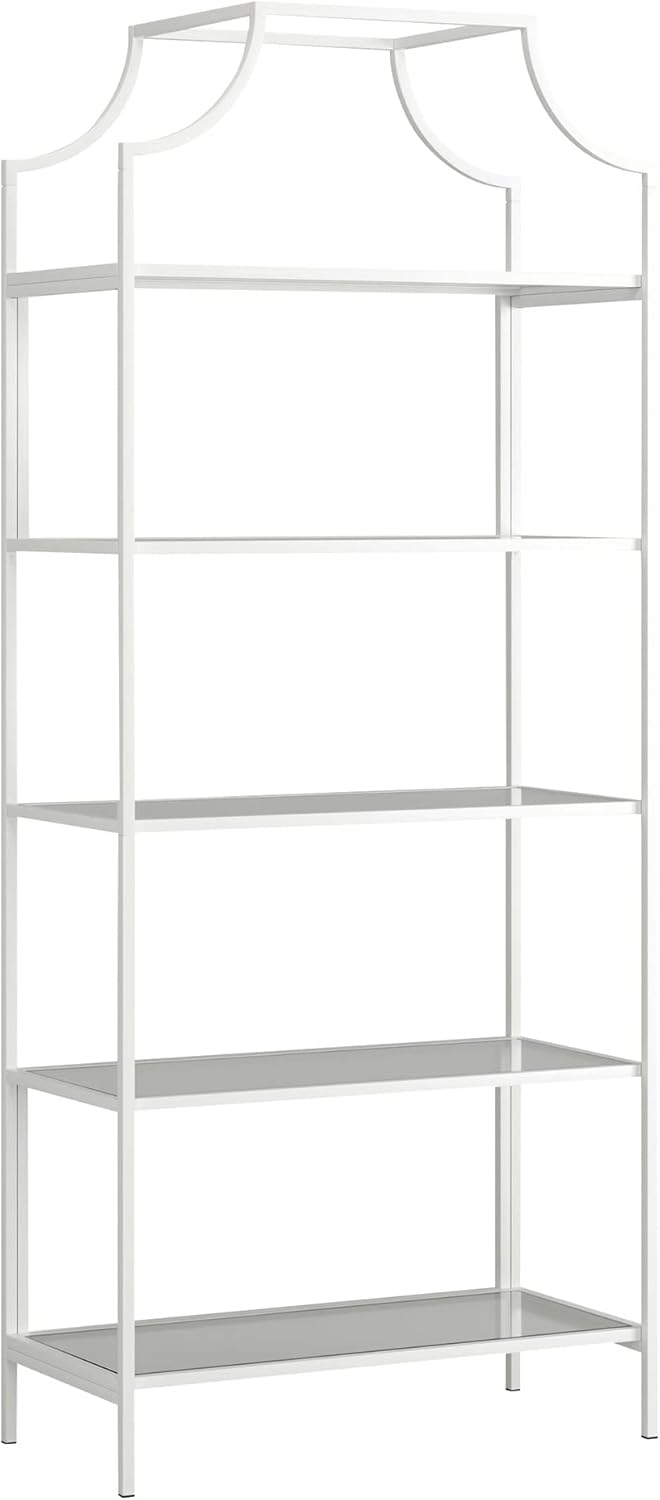 Sauder International Lux Book Shelf 5 Tier Modern Metal Multipurpose Bookcase with Glass Shelving, in White