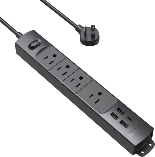 TROND Surge Protector Power Strip with USB, Ultra Thin Flat Plug 3ft Extension Cord 1625W, 3 USB A & 1 Type C, 4 AC Outlets 1440J Surge Protection, ETL Listed, Wall Mount for Home Office Dorm, Black
