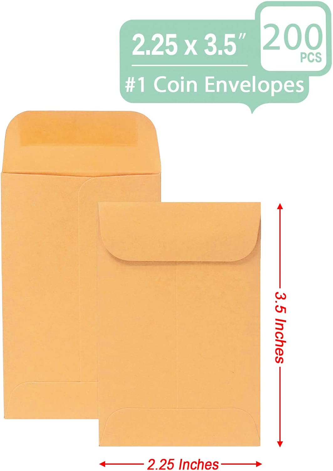 200PCS #1 Coin Envelopes 2.25x3.5 inches Brown Kraft Envelopes Classic Small Parts Gummed Flap for Coins, Cash, Credit Cards, Seeds