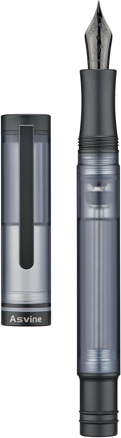 Asvine V200 Titanium Fountain Pen Vacuum Filling, Matte Black Extra Fine Nib Clear Demonstrator Acrylic with Pen Case and Wrench