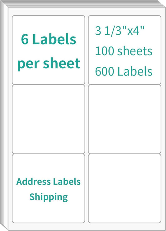 6 UP Labels, 4" x 3-1/3" Shipping Address Labels for Laser Inkjet Printer, Self Adhesive, Blank Mailing Ssticket Paper (1000 Sheet=6000)
