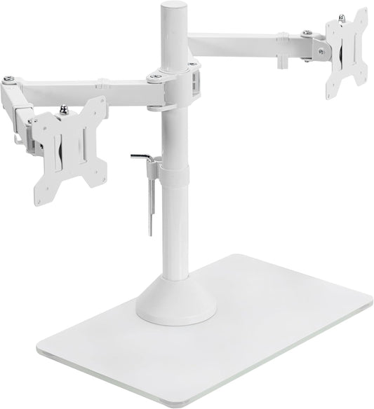 VIVO Freestanding Dual Monitor Stand with Sleek Glass Base and Adjustable Arms, Mounts 2 Screens up to 32 inch and 22 lbs Each, White, STAND-V002FGW