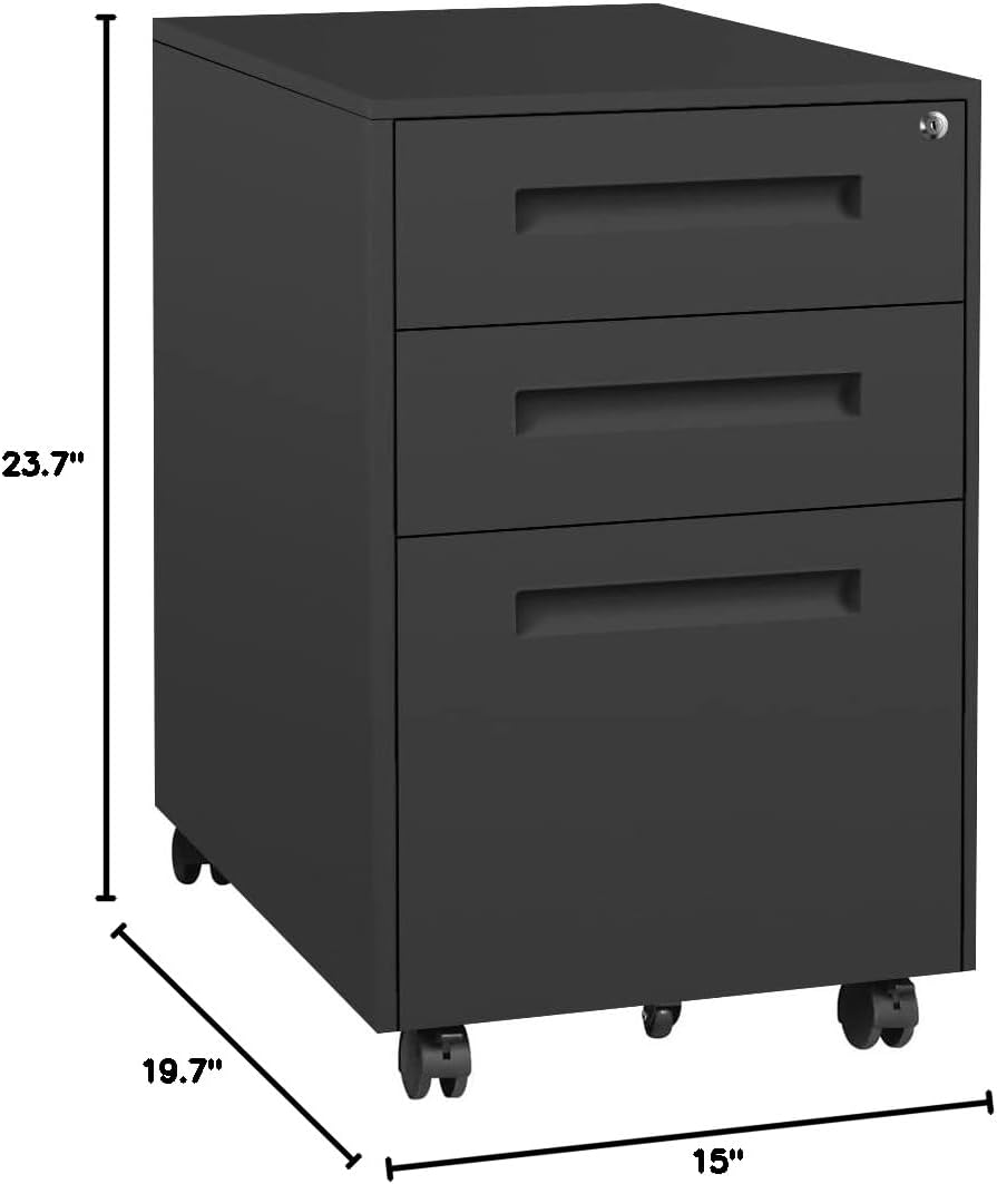 Superday Black Filing Cabinet 3 Drawer File Cabinet 20" Deep, Locking Metal File Drawer Cabinets, Rolling Filing Cabinets with Lock for Office Letter/A4/Legal (Black)