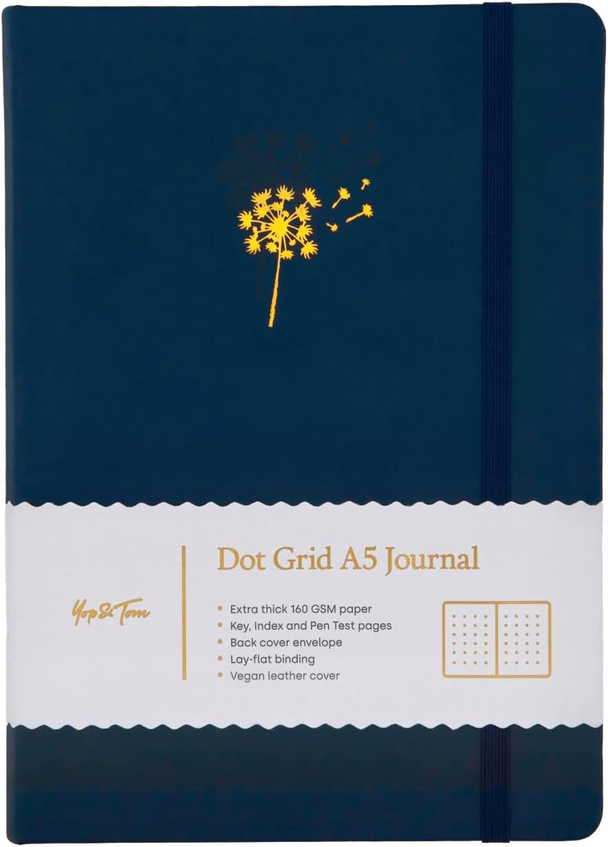 Yop & Tom Bullet Dotted Journal (A5) - Dandelion - Dot Grid Notebook With Extra Thick Paper (160 GSM) - Midnight Blue
