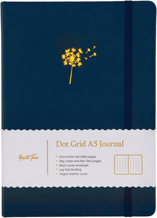 Yop & Tom Bullet Dotted Journal (A5) - Dandelion - Dot Grid Notebook With Extra Thick Paper (160 GSM) - Midnight Blue