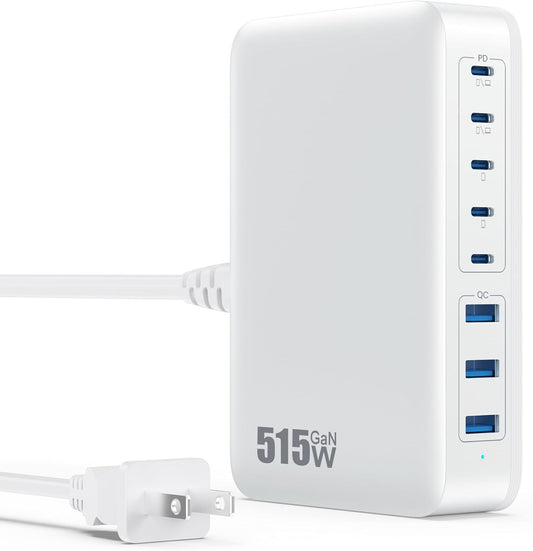 USB C Charger Block 515W[2025 Upgraded] GaN IV 8 Port Fast Charging Station Hub,Dual PD 100W USB C Laptop Charger Compatible with MacBook Pro/Air,iPad,iPhone 16/15,Galaxy S23/S24 Steam Deck Dell XPS