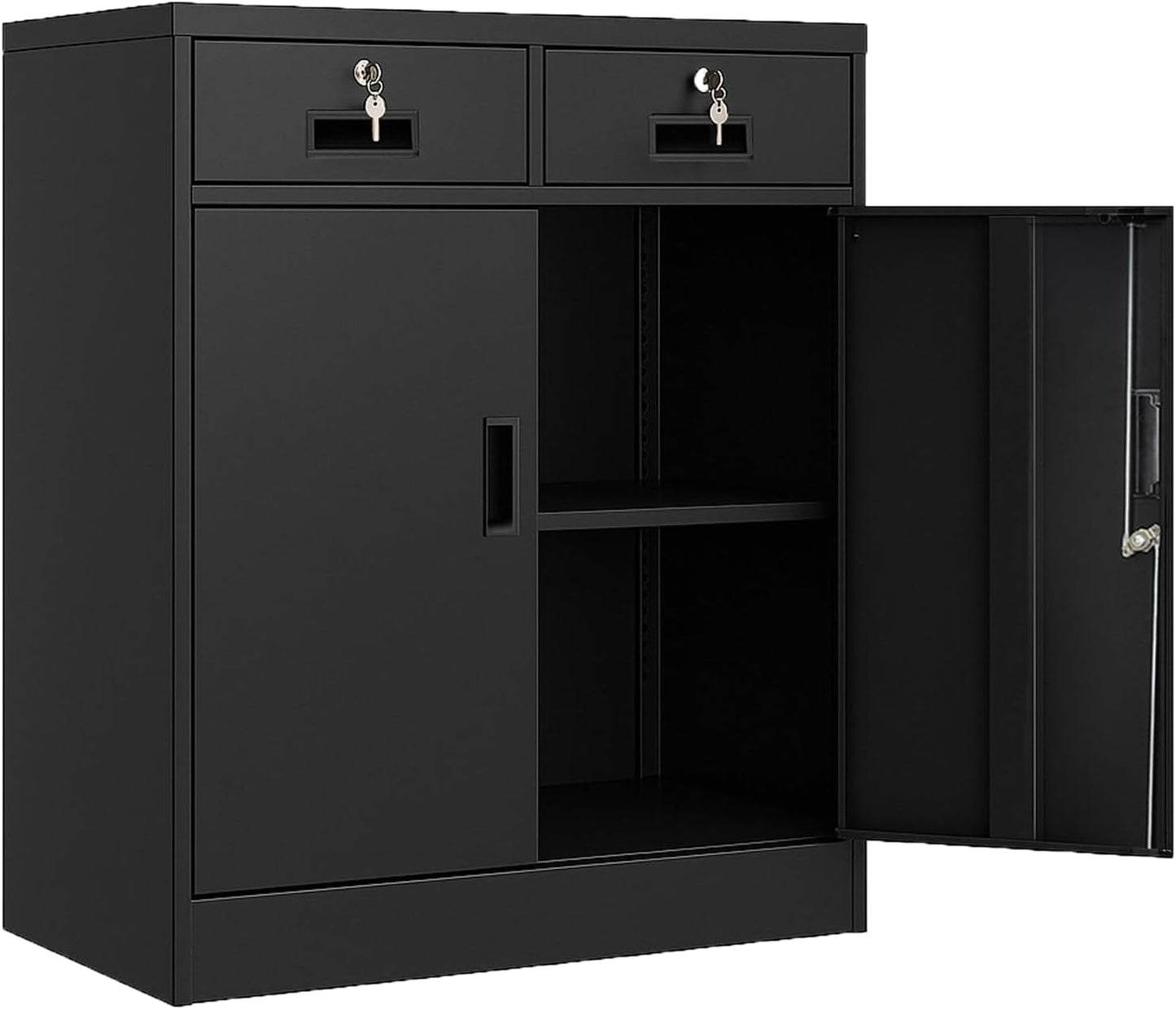 Metal Storage Cabinet with Locking Doors and 2 Drawers, 36” Garage Cabinet for Classroom, Home and Office - Black
