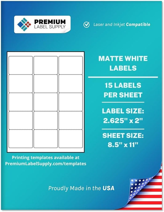 Premium Label Supply White Sticker Labels – 2.625" x 2" – Laser/Inkjet Compatible – (15 per Sheet), 1000 Sheets – 15,000 Total Adhesive Labels