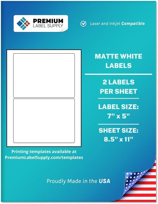 Premium Label Supply White Sticker Shipping Labels – 7" x 5" – Laser/Inkjet Compatible – (2 per Sheet), 2000 Sheets – 4000 Total Adhesive Labels