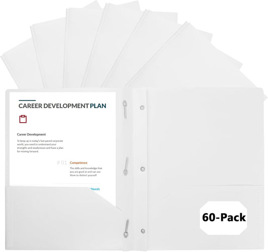 60-Pack Plastic Folders with Pockets and Prongs,2-Pocket Folders with 3 Fasteners, Poly Folders Holds 8-1/2" x 11" Paper for School/Office/Home, White