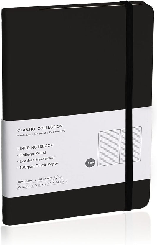 Lined Journal Notebook, (Black), 160 Pages, Medium 5.7 inches x 8 inches - 100 gsm Thick Paper, Hardcover