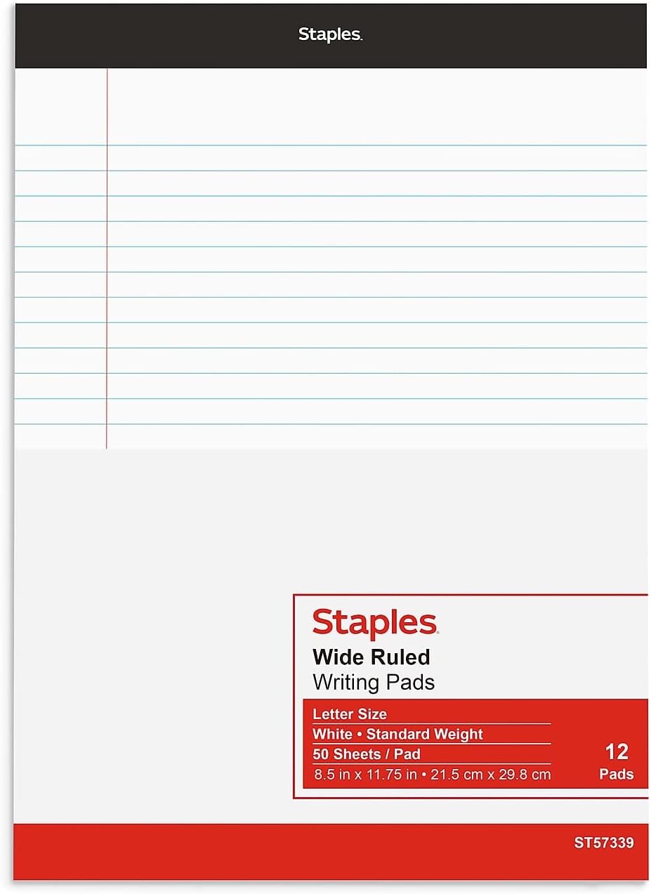 Staples TRU RED Notepads, 8.5 x 11.75 Inch, Wide Ruled Legal Pads, Writing Pad for Home, Office, School, 12-Pack, White