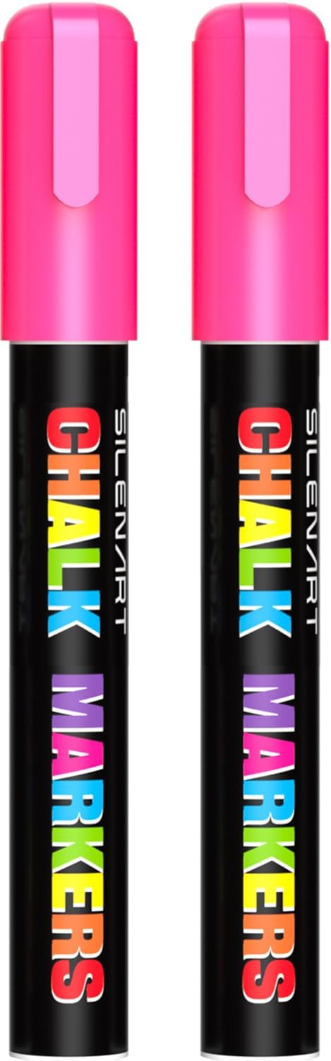 SILENART Pink Chalk Markers 2 Pack - Pink Dry Erase Markers Pen - Liquid Chalk Markers for Chalkboard, Window, Glass, Mirror, Blackboard