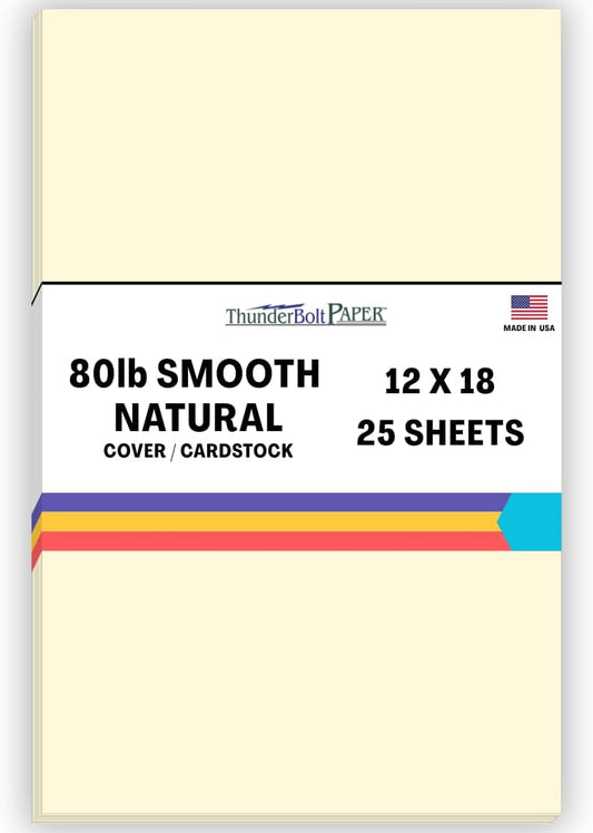25 Natural Smooth Card Stock Sheets Paper - 12 X 18 Inches Large|Poster Size - 80# (80 lb/Pound) Cover Weight - Quality Paper - Smooth Finish