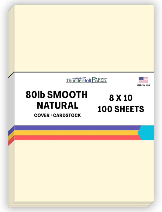 100 Natural Smooth Card Stock Sheets Paper - 8 X 10 Inches Photo|Picture-Frame Size - 80# (80 lb/Pound) Cover Weight - Quality Paper - Smooth Finish