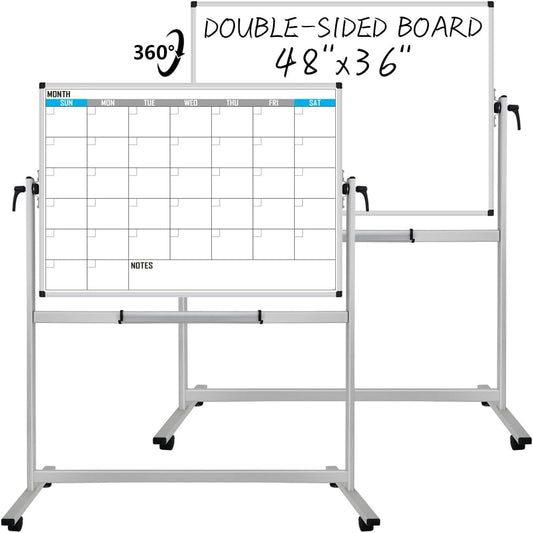 XBoard Magnetic Mobile Whiteboard, Double Sided Magnetic Dry Erase White Board on Wheels, Large Portable Easel with Stand and Aluminium Frame for Home School Office (Calendar 48x36-Inch)