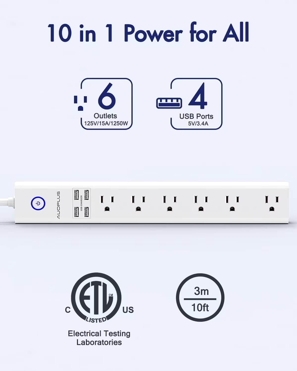 Power Strip 10Ft - Surge Protector with USB, AUOPLUS 6 Outlet and 4 USB Charger, 10Ft Long Extension Cord Flat Plug(1250W/10A/2100J), Wall Mountable Overload Protection for Computer Home Office Dorm