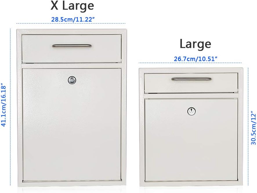 KYODOLED Steel Key Lock Mail Boxes Outdoor, Locking Wall Mount Mailbox, Security Key Drop Box, Collection Boxes,16.2H x 11.22L x 4.72W Inches, White X Large