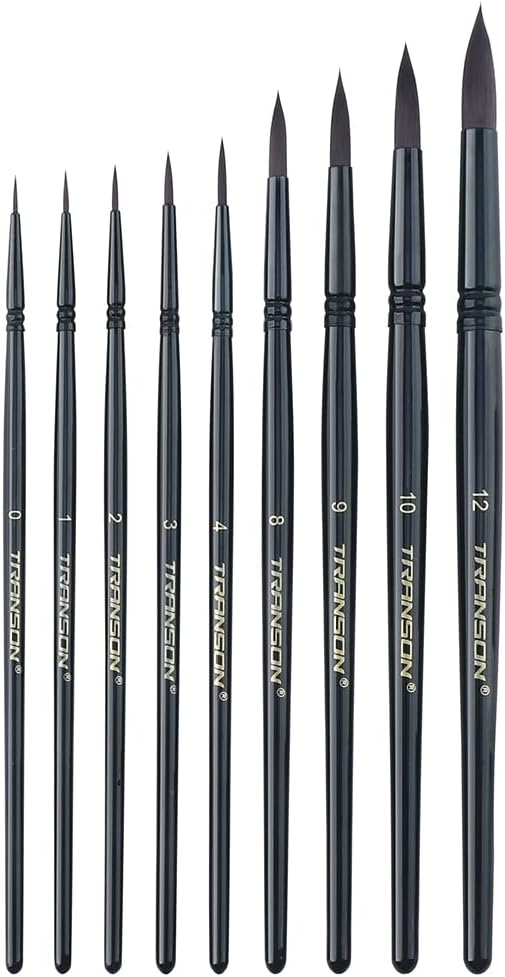 Transon Round Paint Brush Set 9pcs Synthetic Sable Hair for Acrylic Painting Watercolor Painting Gouache Ink Craft and Detail Painting Black Color