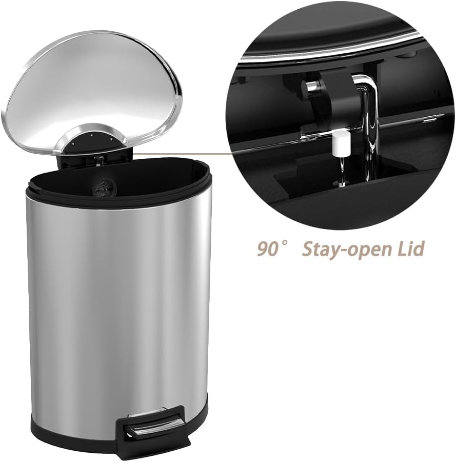 Kitchen Trash Can with Lid, 55 Liter/14.5 Gallon Semi Round Large Step Garbage Can, Soft Close Satin Stainless Steel Trash Bin for Bathroom Office