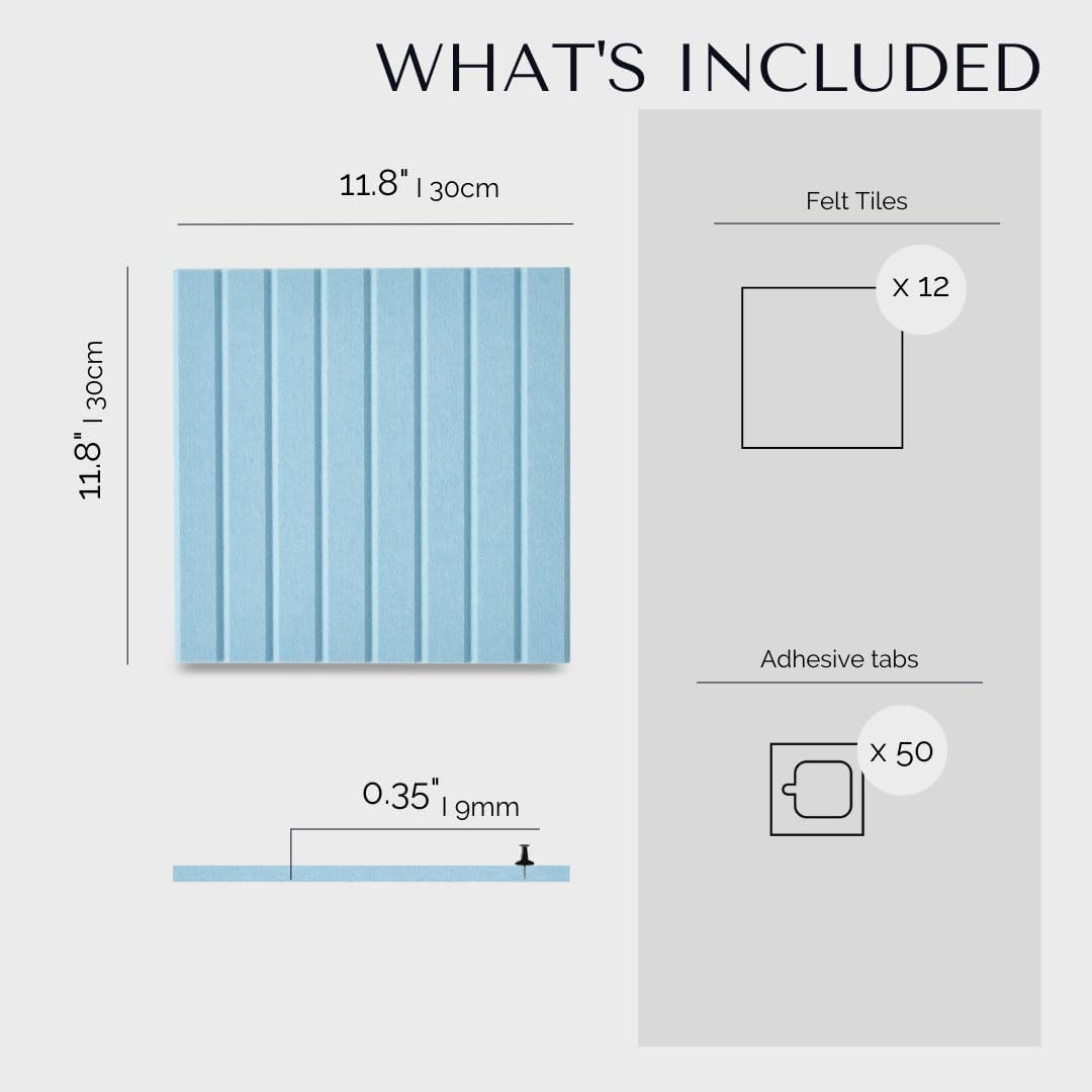 Large Cork Boards for Walls Black Felt Alternative - Slat Wall Paneling, Bulletin Board Tiles for Home Decor, Push Pin Corkboard Organizer for Office, Classroom-12-Pack Panel Kit (Baby Blue)