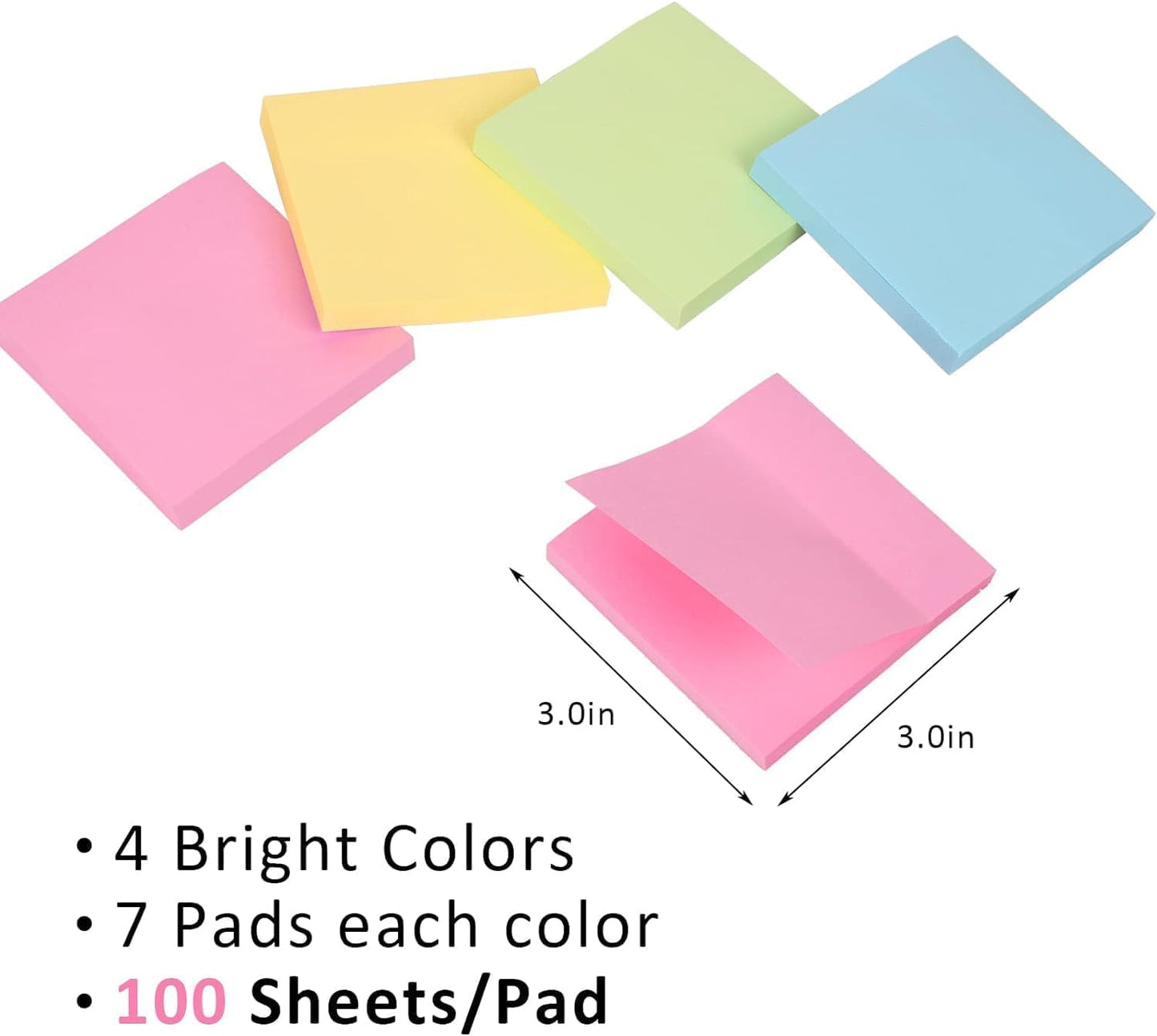 HappyHapi Sticky Notes 3x3 Inches Bulk 28 Pack 2800 Sheets Colored Self-Stick Pads, 100 Sheets/Pad, 4 Bright Colors (Yellow, Green, Pink, Blue) for Office Supplies, School, Home