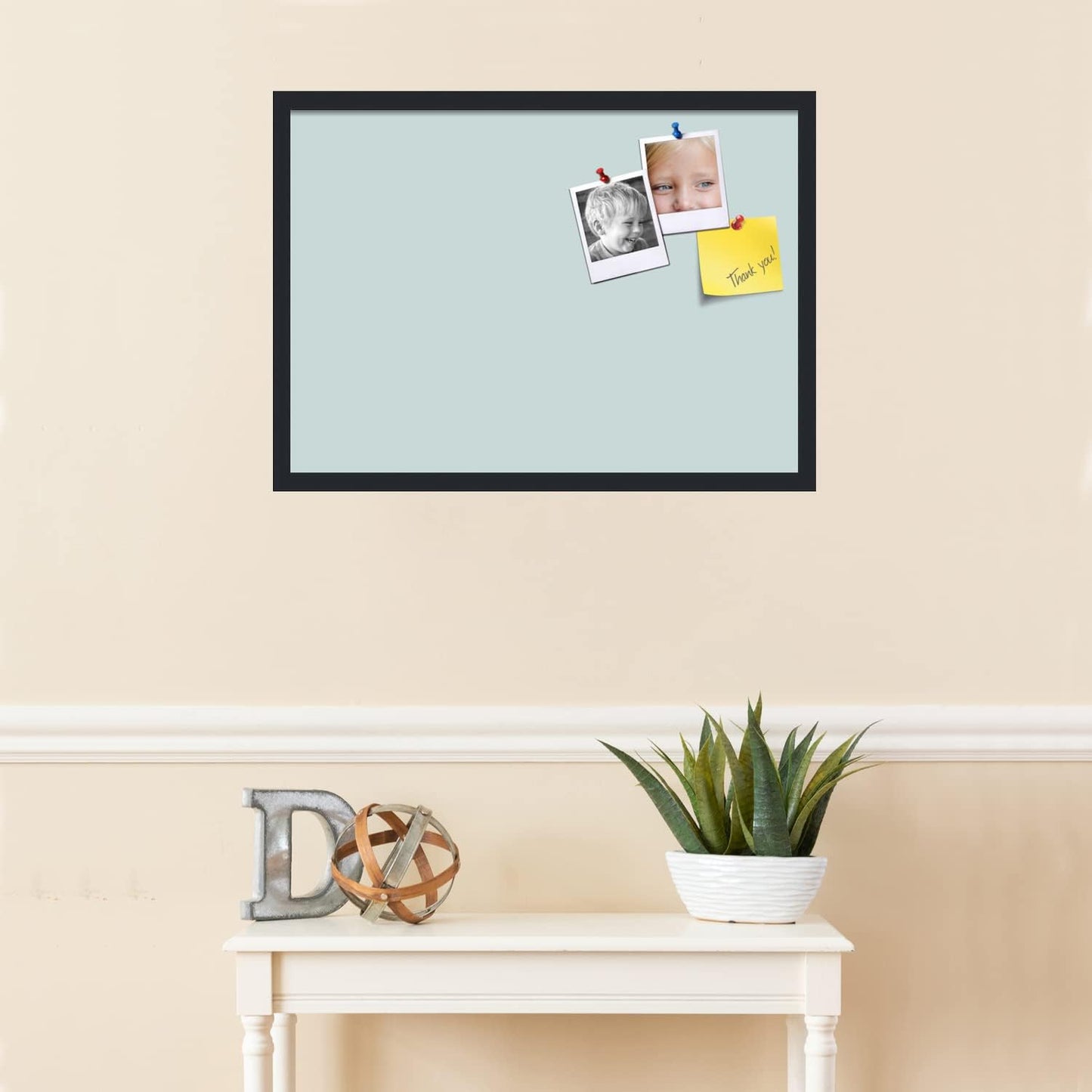 PinPix 28x20 Inch Cork Bulletin Board. This Decorative Framed Pin Board Comes with Soft Blue Design and a Satin Black Frame. Ideal for Home Office Decor or Message Board (PinPix-1814)