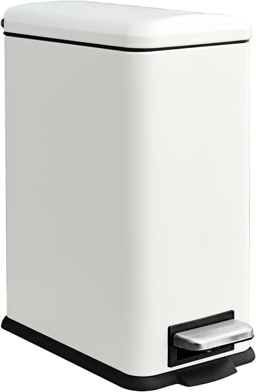 Trash Can with Lid, 10 L Bathroom Waste Bin, Small Pedal Bin, Stainless Steel Garbage Can for Bathroom, Bedroom and Office, White