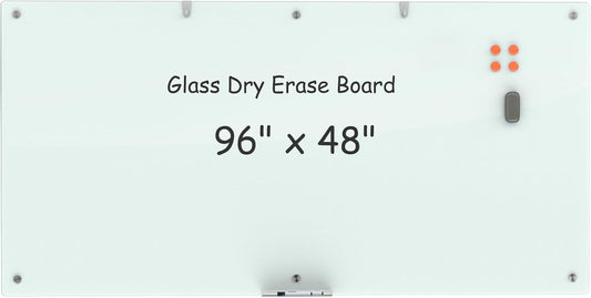 Large Glass Dry Erase Board, 96 x 48 Inches Magnetic Glass Whiteboard for Wall, 8' x 4' Frameless Board for Office, Home, School