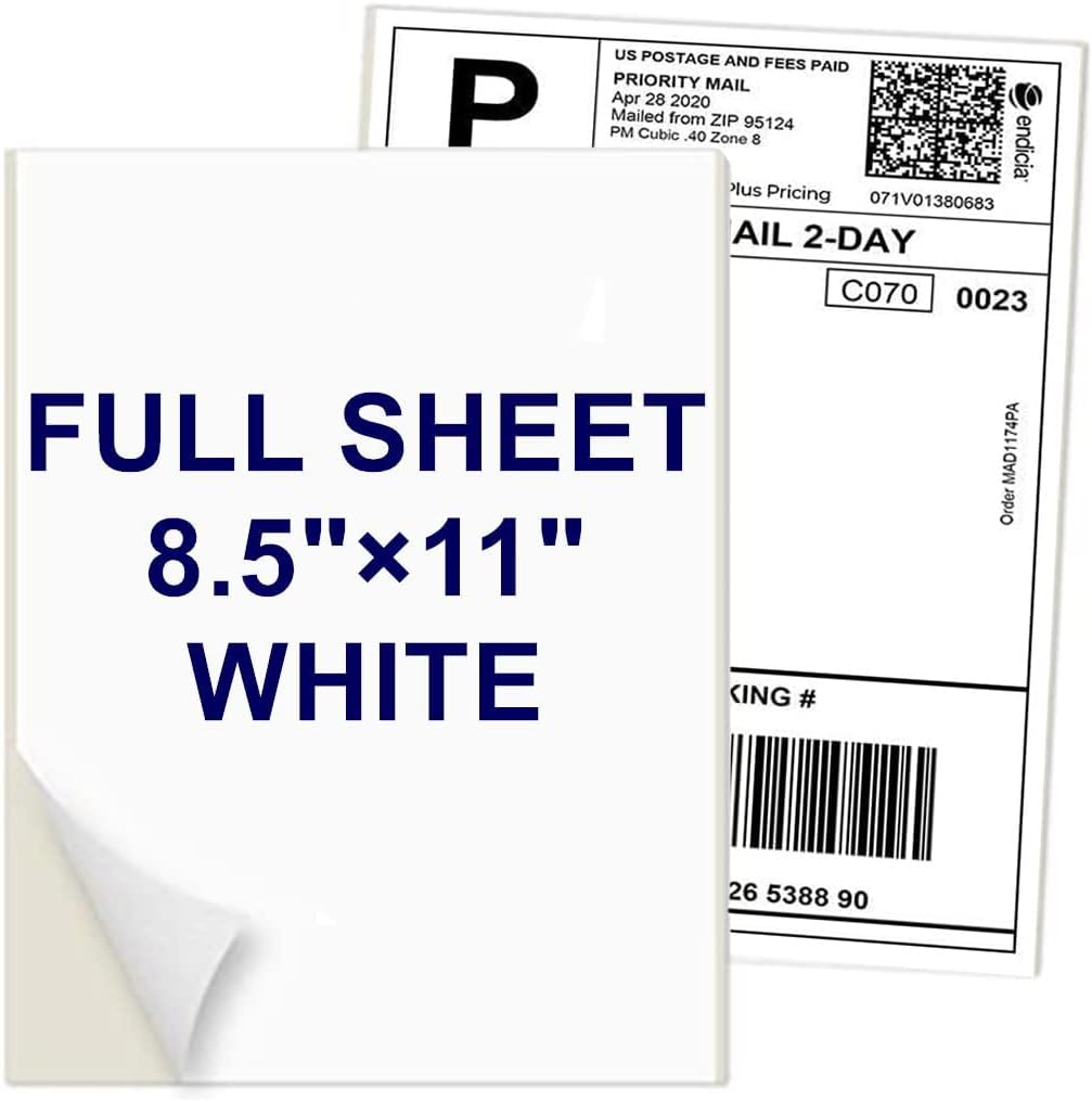 8.5" x 11" Shipping Labels Full Sheet Labels, Self Adhesive Printable White Sticker Paper for Laser & Ink Jet Printers (500 Labels)