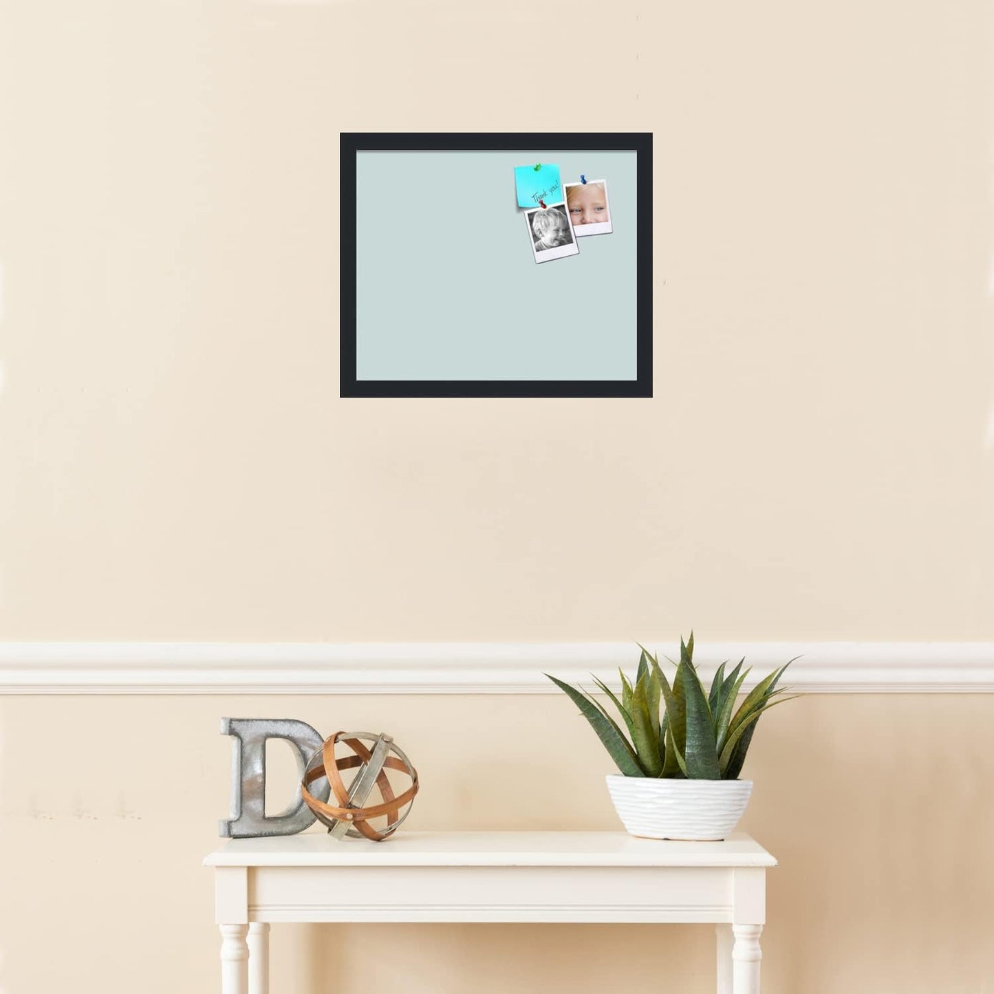 PinPix 17x14 Inch Cork Bulletin Board. This Decorative Framed Pin Board Comes with Soft Blue Design and a Satin Black Frame. Ideal for Home Office Decor or Message Board (PinPix-1814)
