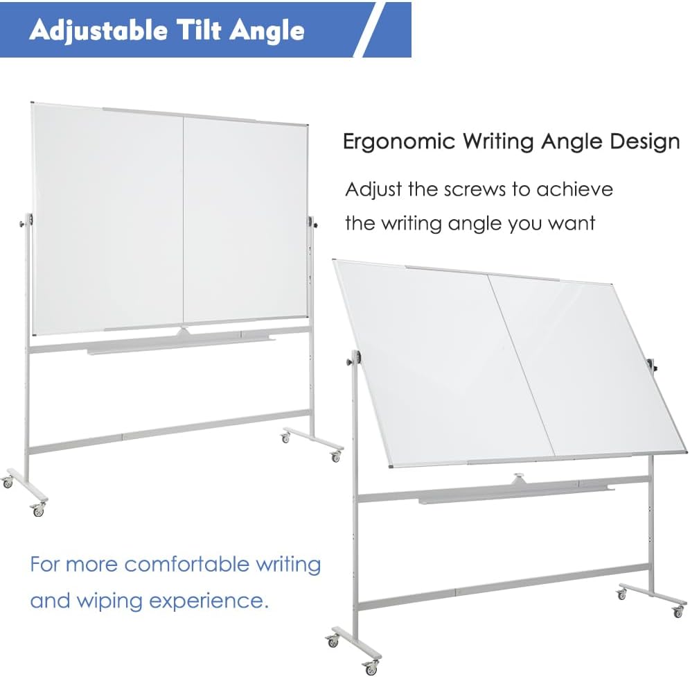 FORTUNO Large Magnetic Mobile Whiteboard 60"x48", Rolling Double Sided Stand Whiteboard on Wheels, Reversible Adjustable Height/Angle Dry Erase Board 5' x 4' Easel White Board for Office Classroom