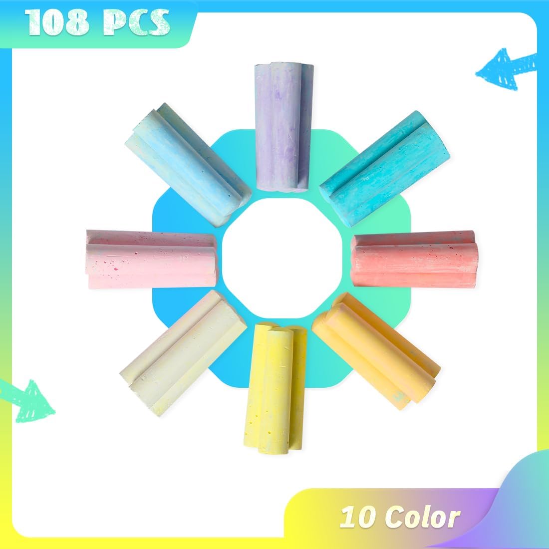 novelinks Sidewalk Chalk Set 108 Pack 10 Color Washable Non-Toxic Drawing Set For Schools Durable Jumbo Drawing Chalk for Outdoor Art Play