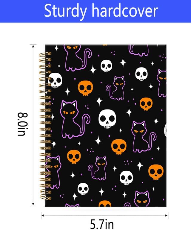 Spiral Journal Notebook,A5 Hardcover Lined Journals for Women Girl 6 x 8.3 in,120 Pages Thick Paper,Cute College Ruled Writing Notebook for Gifts Office Work School(Halloween Skull Cat)