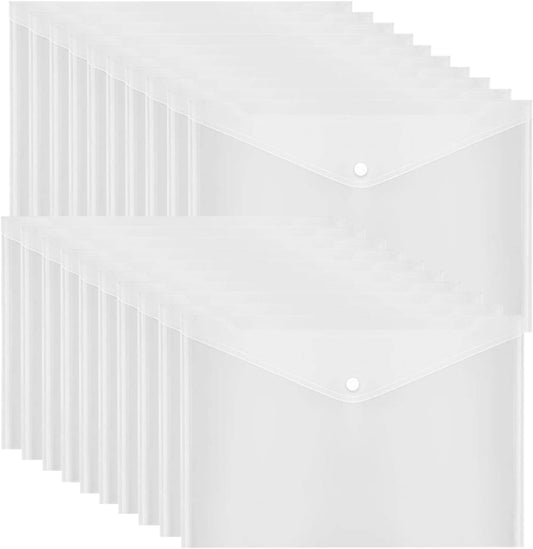 20 Pcs Clear Plastic Envelope with Snap Button Closure, Plastic Waterproof Envelope File Folder, Transparent Folders for Documents, Letter Size, A4 Size, for School and Office Supplies