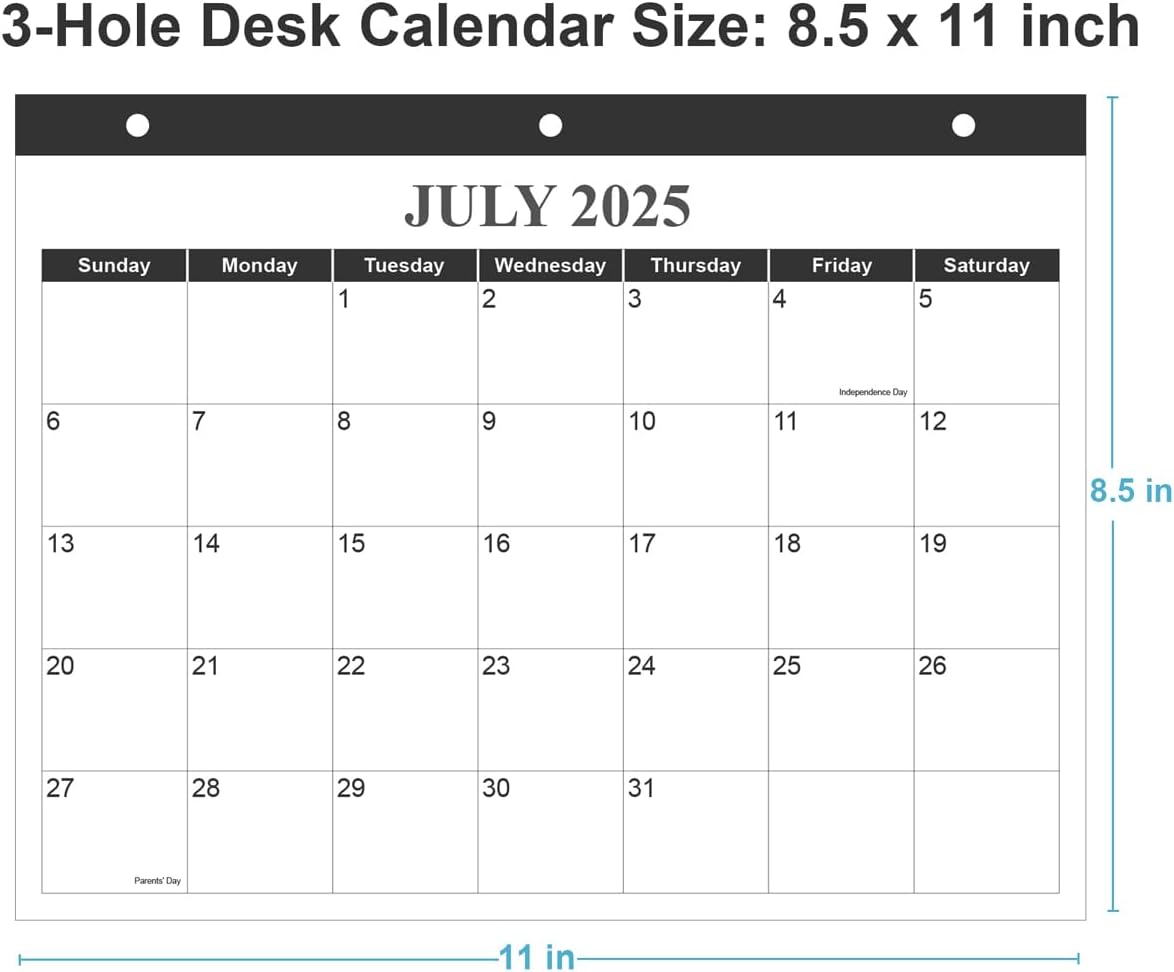 Calendar 2025-2026 for 3 Ring Binder - Wall Calendar from July 2025 - December 2026, 18 Months Calendar with Premium Paper, 3-Hole Calendar/Planner 2025-2026, 8.5" x 11", Black