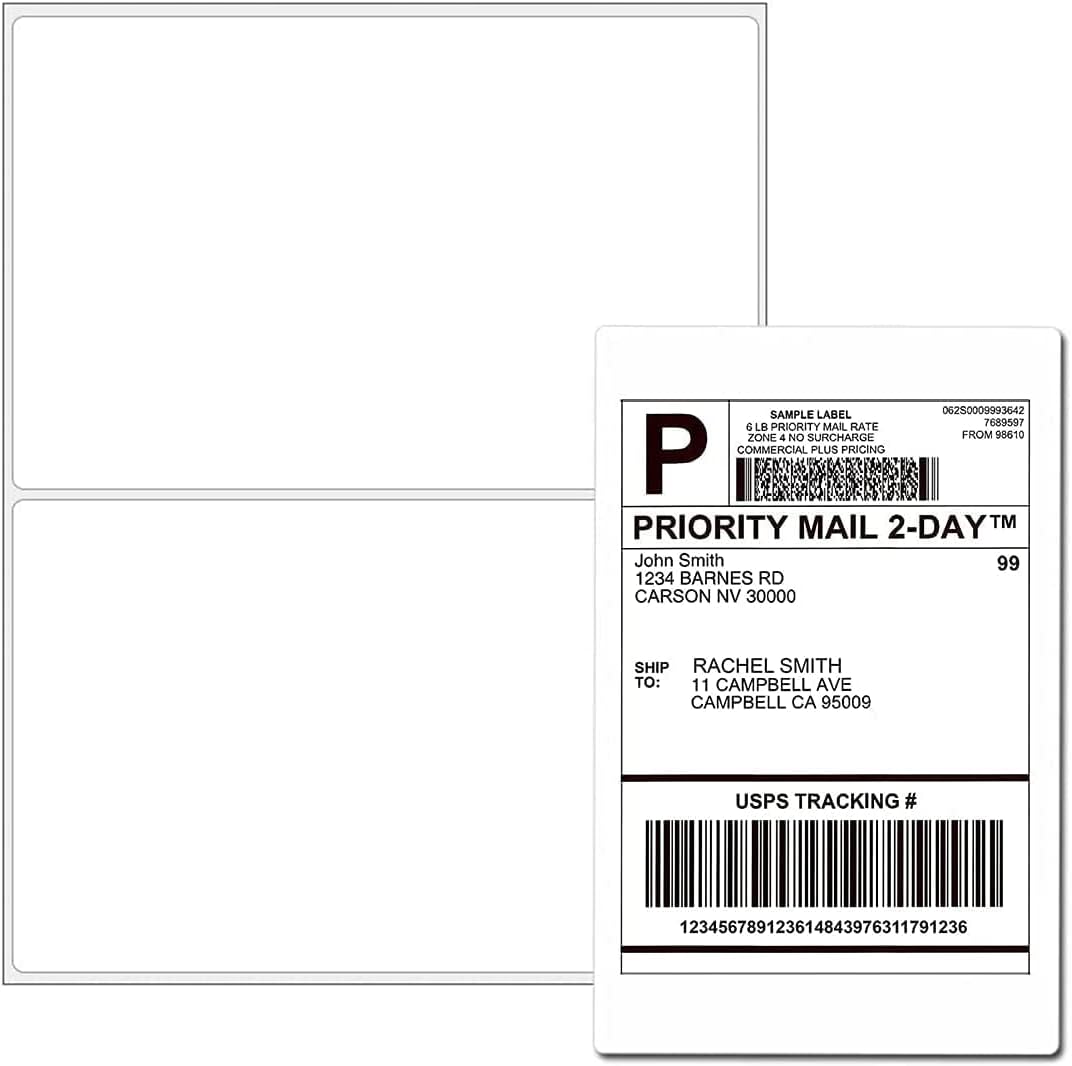 8.5 x 5.5 Half Sheet Shipping Labels for Laser and Inkjet Printers, 2 Per Page Self Adhesive Mailing Labels, White Blank Labels [100 Sheet 200 Labels]