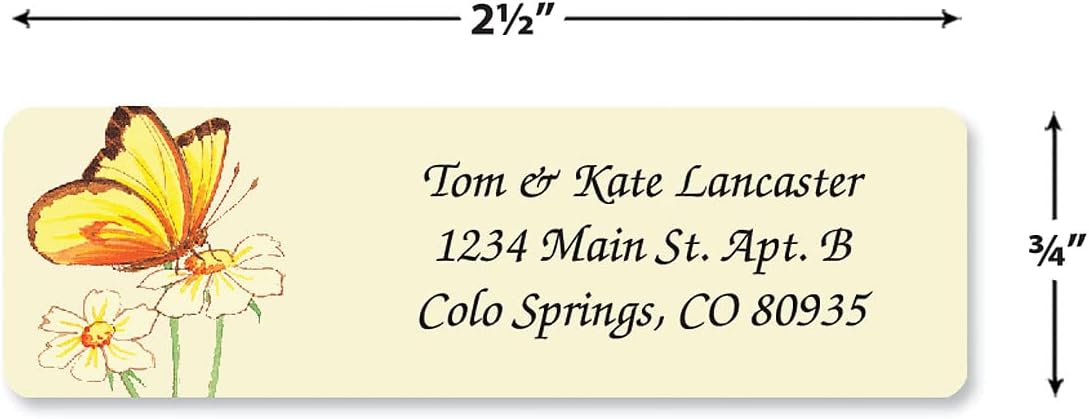 Butterflies Rolled Personalized Return Address Mailing Labels with Dispenser, Set of 250, 5 Designs, Small ¾ x 2½ Inch Size, Custom Self-Adhesive Sticker Roll, by Colorful Images