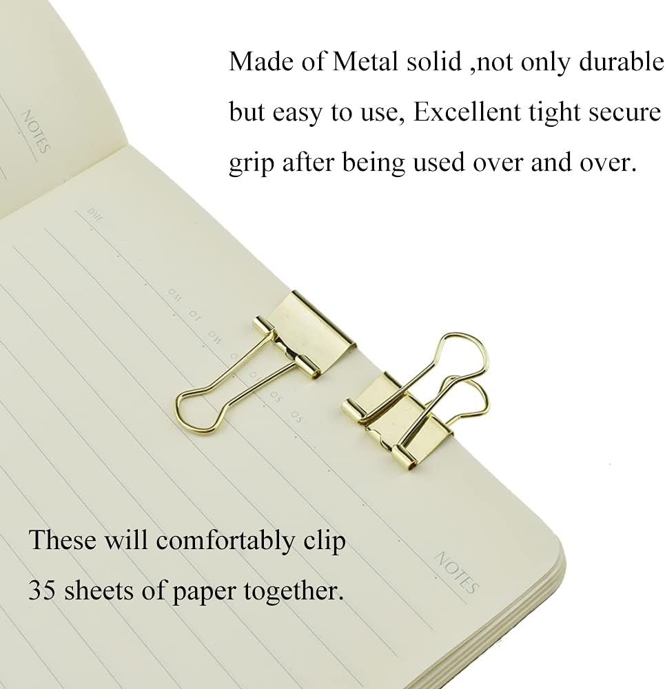 HAHIYO Binder Clips Paper Clamps Spring Steel Sturdy Small 0.75 inches Width 0.2 Inch Capacity No Sharp Edges Heavy Duty Tight Grip Reusable Gold Metal Bright Finish for Home Office School 30 Pack