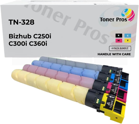 Toner Pros Replacement Toner Cartridge – Compatible for Konica Minolta TN-328 (TN328K, TN328C, TN328M, TN328Y) – High Yield 4-Color Pack for Bizhub C250i, C300i, C360i Printers – 28,000 Pages Each