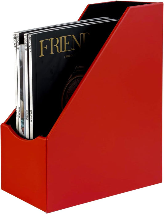 UnionBasic Magazine File Holder - Office Leatherette Desktop Document File Folder Journals Organizer Racks, Red