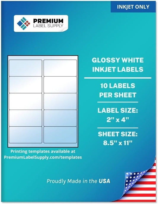 Premium Label Supply Glossy White Sticker Labels – 2" x 4" – (10 per Sheet) (Glossy White for Inkjet Only, 1,000 Labels)