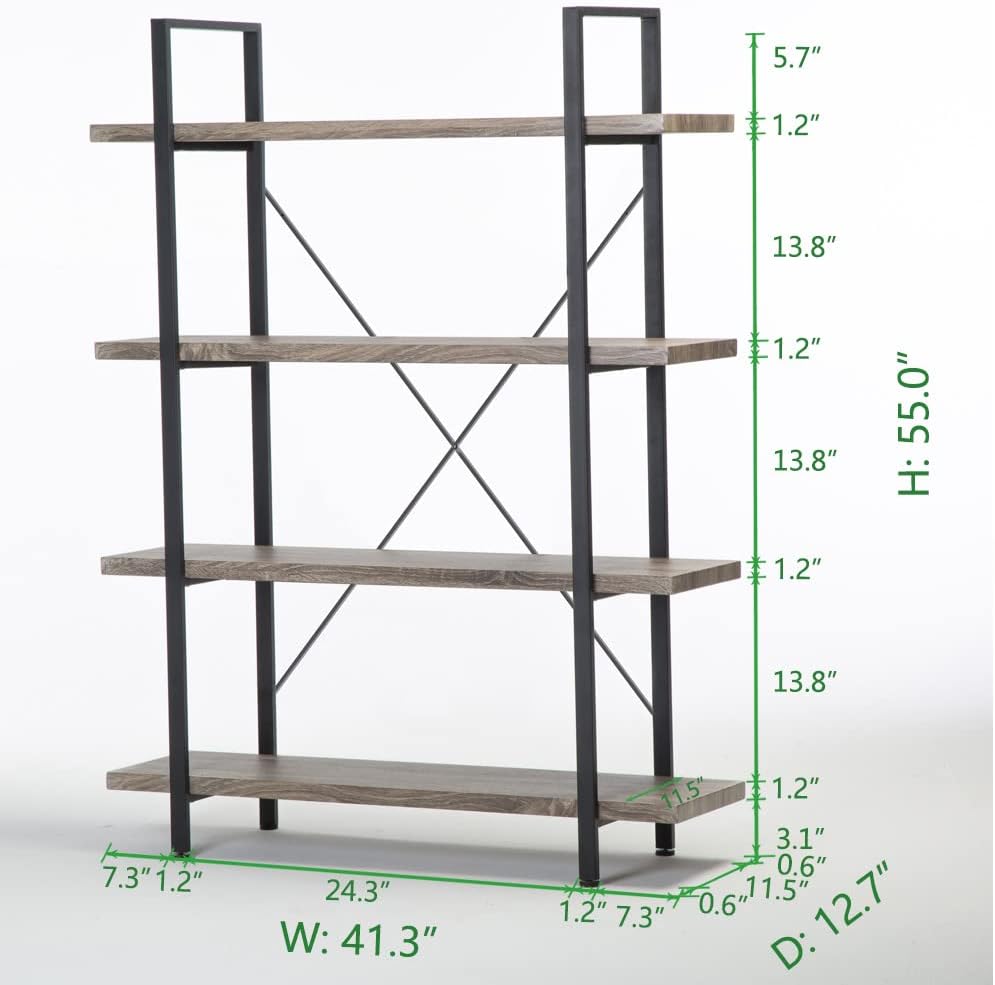 HSH 4-Shelf Vintage Industrial Bookshelf, Rustic Gray Wood and Metal 4 Tier Bookcase, Open Wide Etagere Book Shelf for Home Office Livingroom Bedroom Dispaly, Light Grey Oak
