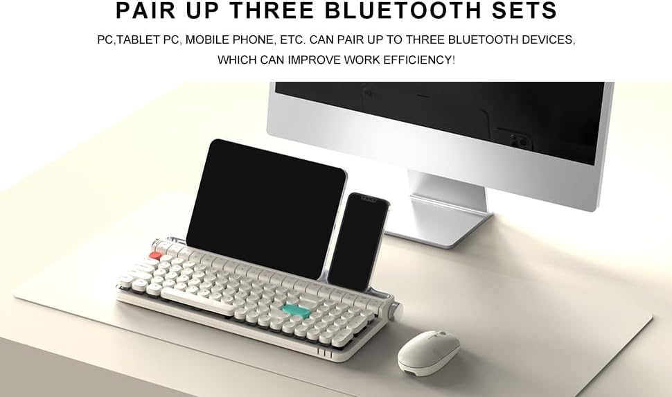 ACTTO B705 Retro Typewriter Keyboard Bluetooth,Vintage Mechanical Keyboard with Tablet Stand,LED Backlight 100 Keys Gaming Keyboard for Windows/macos/iOS/Android,Blue Switch (Ivory Butter)