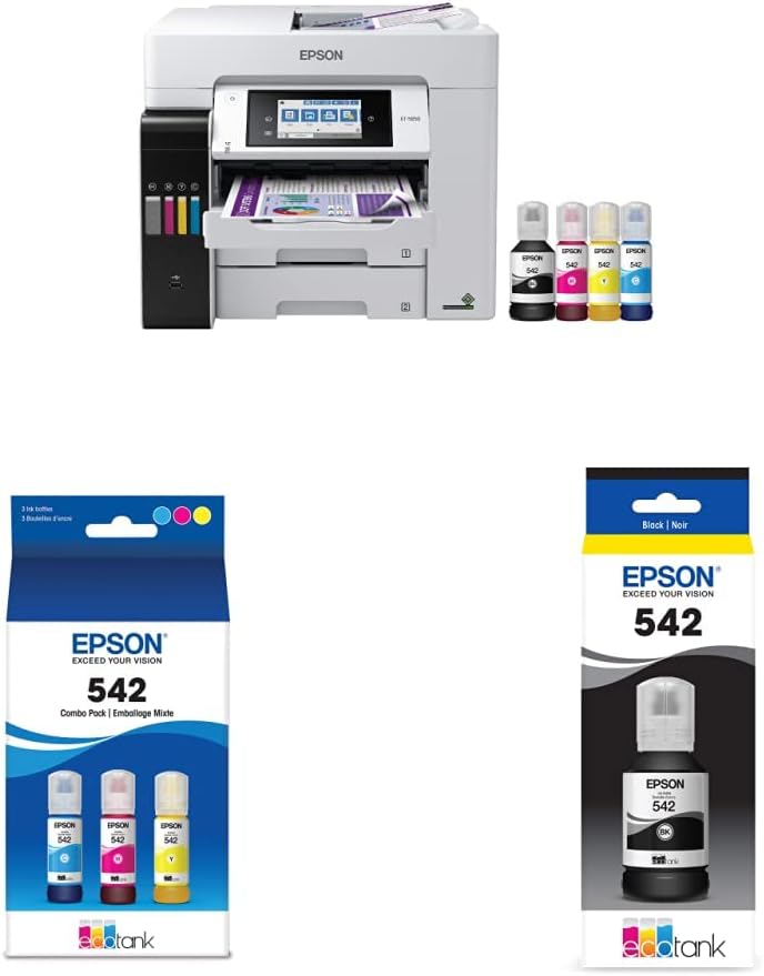 Epson EcoTank Pro ET-5850 Wireless Color All-in-One Supertank Printer with Scanner, Copier, Fax and Ethernet, White & EPSON T542 EcoTank Ink & EPSON T542 EcoTank Ink Ultra-high Capacity Bottle Black