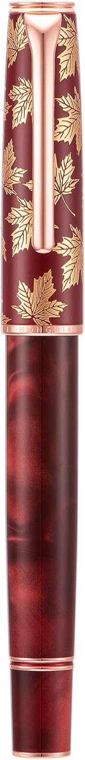 Hongdian N8 Red Acrylic Resin Fountain Pen, Iridium Medium Nib Rose Gold Trim Maple Leaf Carving Cap, Smooth Writing Pen with Converter and Metal Pen Box Set