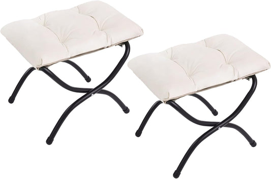 LITA 2 Pcs Folding Upholstered Footrest Stool, Modern Small Portable Accent Ottoman with Detachable Thick Cotton Cushion, Padded Sofa Stool with Metal Frame, Living Room & Bedroom,Velvet Beige