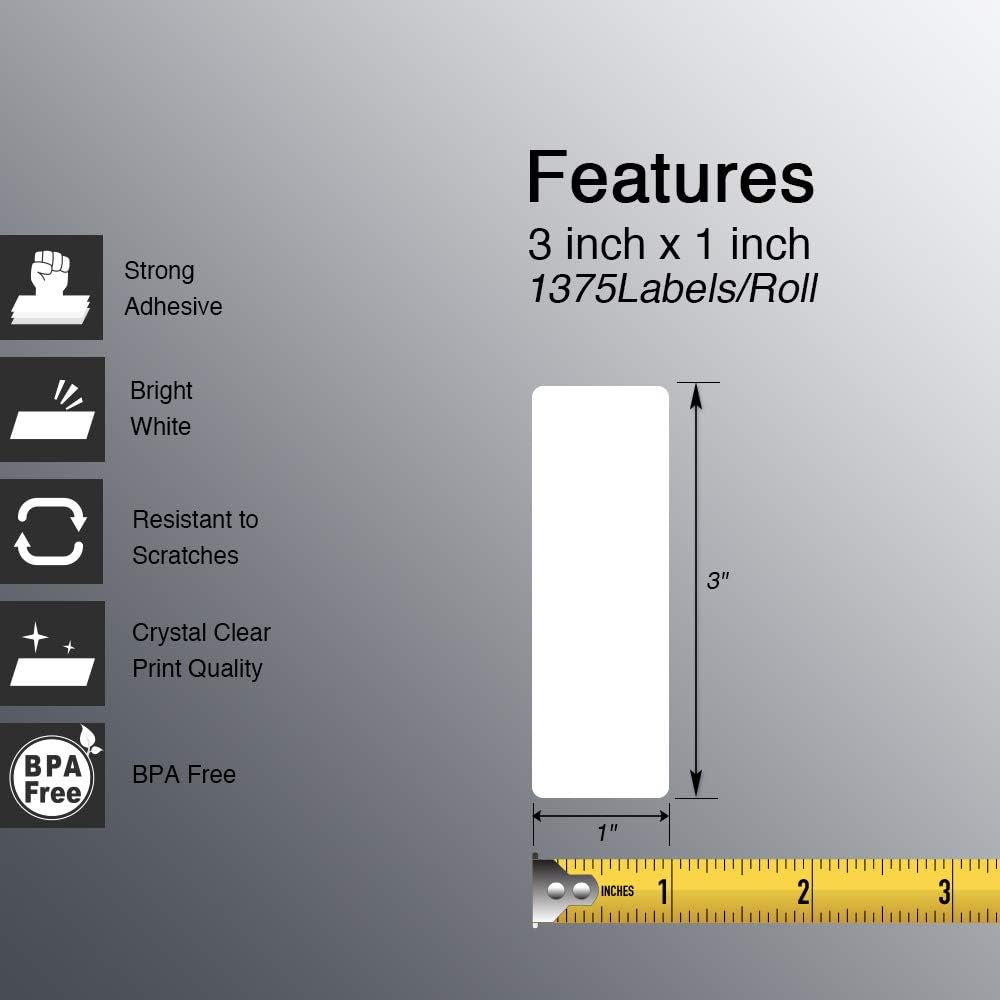 BETCKEY - 3" x 1" (76 mm x 25 mm) UPC Barcode & Address Labels Compatible with Zebra & Rollo Label Printer,Premium Adhesive & Perforated [1 Rolls, 1375 Labels]
