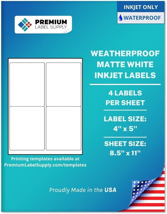 Premium Label Supply Waterproof Matte White Sticker Labels – 4" x 5" – Inkjet Printers Only – (4 per Sheet), 500 Sheets - 2,000 Total Adhesive Labels