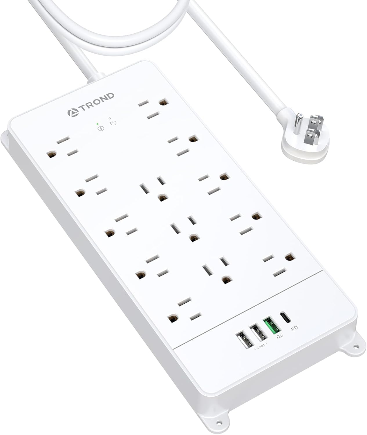 TROND Surge Protector Power Strip 10 ft, Flat Plug Long Extension Cord, 13 Wide Spaced Outlets, 4000 Joules, 32W Quick Charge 3.0 & USB C, Wall Mount, Under Desk, Heavy Duty, ETL Listed, White